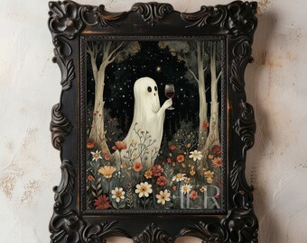 Ghost with Wine Print: Dark Cottagecore Floral Wall Art (Digital Download)