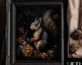 Squirrel in Dark Forest Botanical Print, Moody Cottagecore Wall Art (Digital Download)