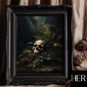Skull in Fern Forest core Dark Cottagecore Academia Floral Botanical Moody Victorian Oil painting Printable digital download Wall Art Decor