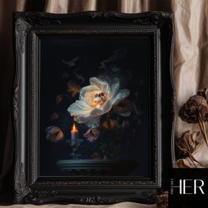 Skeleton head in flower - Dark Academia Halloween Decor Cottagecore Botanical Gothic Moody Wall Art Oil painting Printable digital download