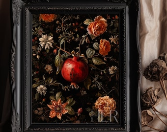 Pomegranate & Roses Dark Floral Print: Gothic Cottagecore Wall Art (Digital Download)