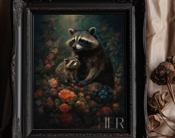Raccoon Mama & Baby Floral Print, Dark Cottagecore Wall Art (Digital Download)