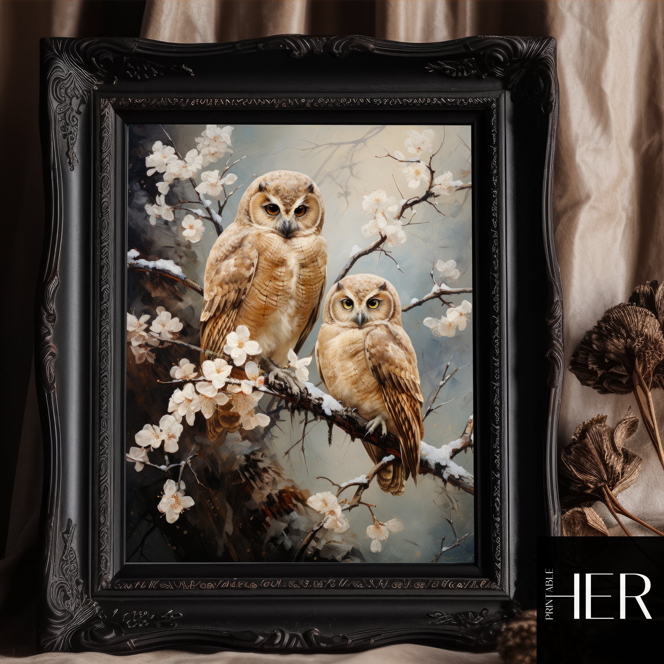 Owls in Winter Magic Forest Dark Cottagecore Academia Gothic Floral Wild Animal Wall Art Decor Moody