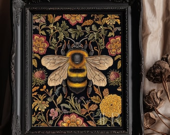 Bee and Flower Painting Dark Floral Art Cottagecore Academia Gothic Botanical Wall Art Decor Moody Morris style Digital Printable Poster Art