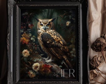 Owl in Dark Forest Print: Vintage Gothic Cottagecore Wall Art (Digital Download)