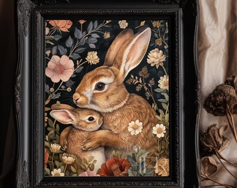 Rabbit Mom and Baby Floral Print: Dark Academia Cottagecore (Digital Download)