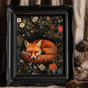 Schlafender Rotfuchs im dunklen Wald Kunst Cottagecore Academia Gothic Botanische Florale WandKunst Dekor Moody Wild Animal Ölgemälde Druckbare Kunst