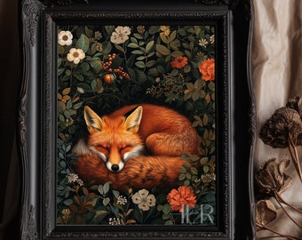 Red Fox Sleeping in Dark Floral Forest - Botanical Gothic Wall Art (Digital Download)