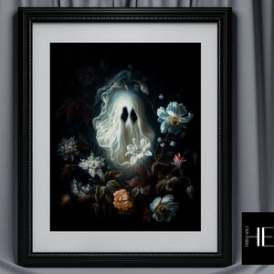 Crying cute Ghost Flowers Dark Academia Halloween Decor Cottagecore Botanical Gothic Moody Wall Art Oil painting Printable digital download