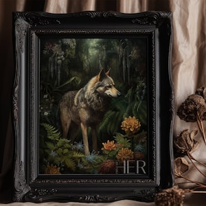 Wolf and Fern Botanical Forest core Dark Cottagecore Academia Floral Gothic Wall Art Decor Moody Vintage Oil painting Printable digital art