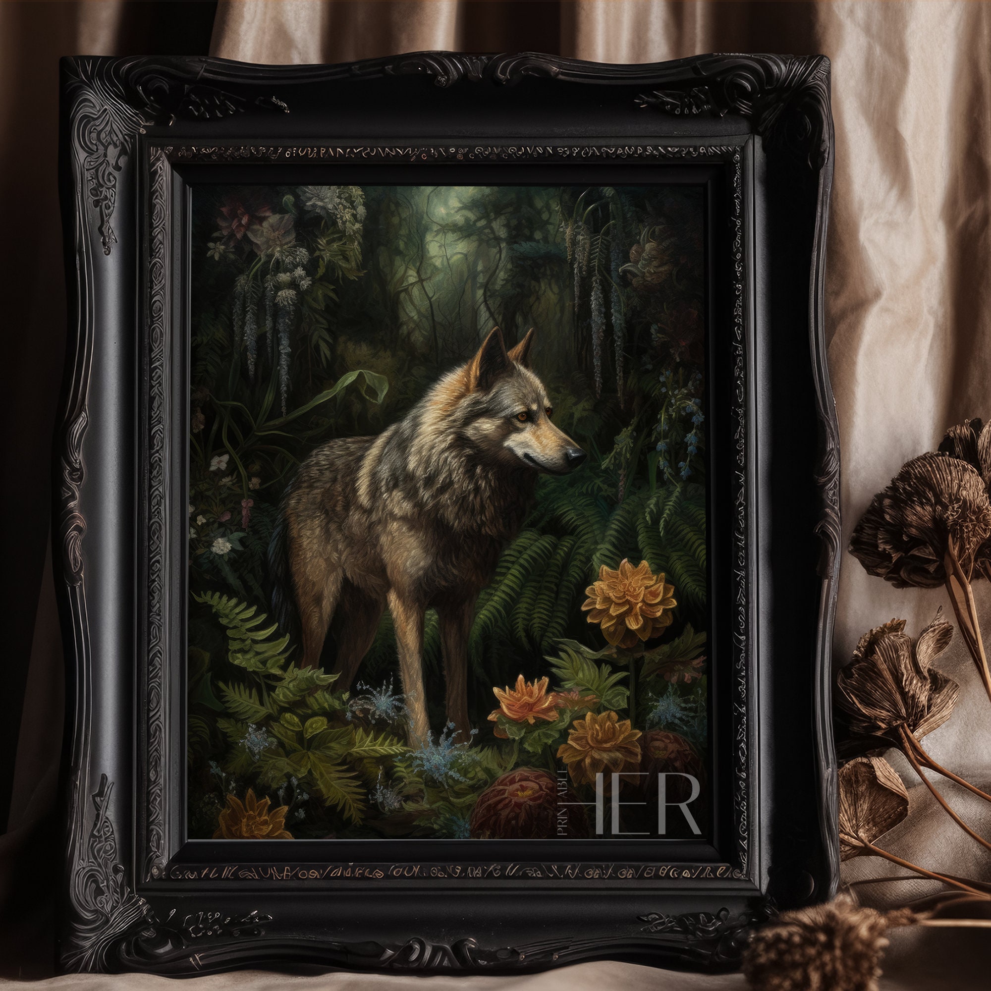 Wolf and Fern Botanical Forest core Dark Cottagecore Academia Floral Gothic Wall Art Decor Moody Vintage Oil painting Printable digital art