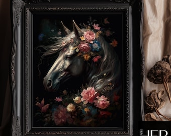 Floral Horse Print: Dark Cottagecore Botanical Wall Art (Digital Download)