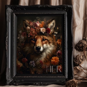Fox Portrait Print | Floral Crown, Dark Cottagecore (Digital Download)