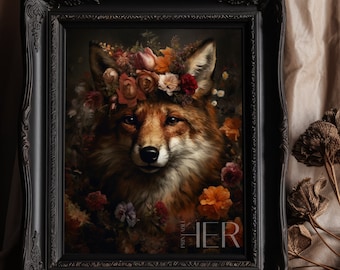 Fox Portrait Print | Floral Crown, Dark Cottagecore (Digital Download)