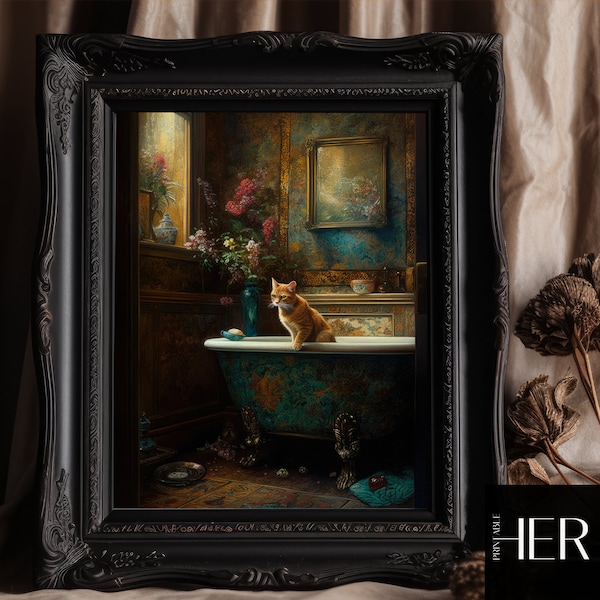 Ginger Cat in Bathtub Victorian Mansion Dark Cottagecore Academia Antique painting Moody Wall Art Decor Vintage Interior Scene Printable art