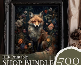 Dark Botanical Forest Art Bundle | Fox Magic Forest Print, Cottagecore Floral (Digital Download)
