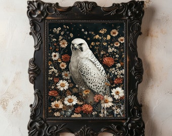 Falcon in Flower Meadow Print: Dark Cottagecore Gothic Floral Wall Art (Digital Download)