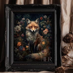 Fox in Deep Magic Forest core Dark Cottagecore Academia Floral Botanical Wall Art Decor Moody Retro Oil painting Printable digital Download