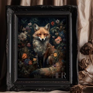 Fuchs im tiefen Zauberwald Kern Dark Cottagecore Academia Floral Botanische WandKunst Dekor Moody Retro Ölgemälde Druckbarer digitaler Download