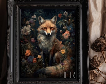 Fox in Deep Magic Forest core Dark Cottagecore Academia Floral Botanical Wall Art Decor Moody Retro Oil painting Printable digital Download