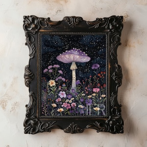 Purple Mushroom Night sky Meadow Dark Cottagecore Print Moody Botanical Decor Gothic Floral Wall Art Academia Animal Painting Art Download