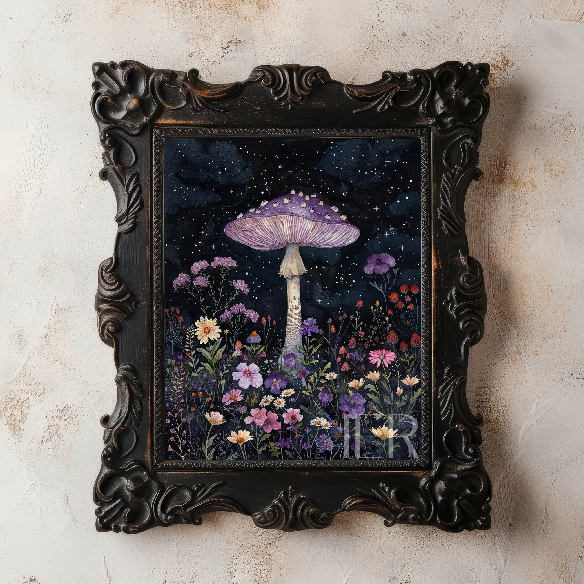 Mushroom Night Sky Print: Cottagecore Gothic Floral Decor (Digital Download)
