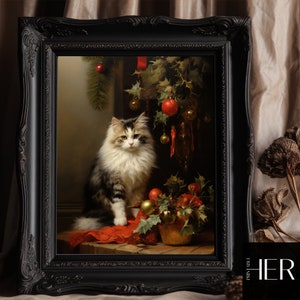 Cat with Christmas tree and Holly berries Dark Cottagecore Academia Winter Animal Holiday Wall Art Decor Moody Retro painting Printable art