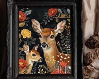 Doe and Baby Print: Dark Botanical Cottagecore Wall Art (Digital Download)