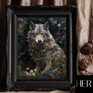 Moody Silver Wolf Fall Forest core Dark Cottagecore Academia Gothic Floral Botanical Wild Animal Wall Art Decor Retro painting Printable art