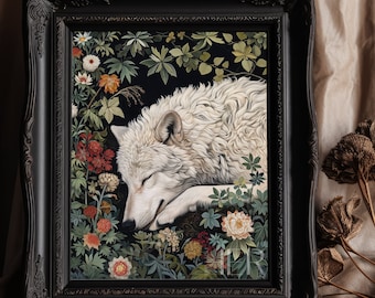 Sleeping White Wolf Floral Art Print: Dark Cottagecore Decor (Digital Download)