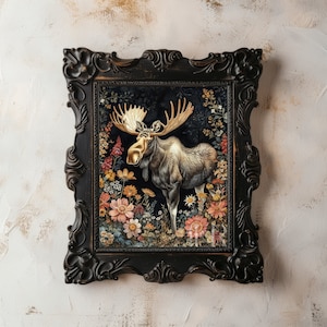 Moose and Flowers Meadow Dark Cottagecore Print Moody Botanical Decor Gothic Floral Wall Art Academia Animal Painting Art Digital download