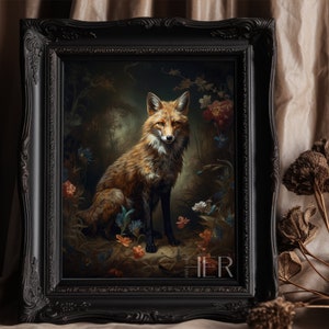 Fox in Woods Forest core Dark Cottagecore Academia Goth Floral Botanical Wall Art Decor Moody Retro Oil painting Printable digital Download