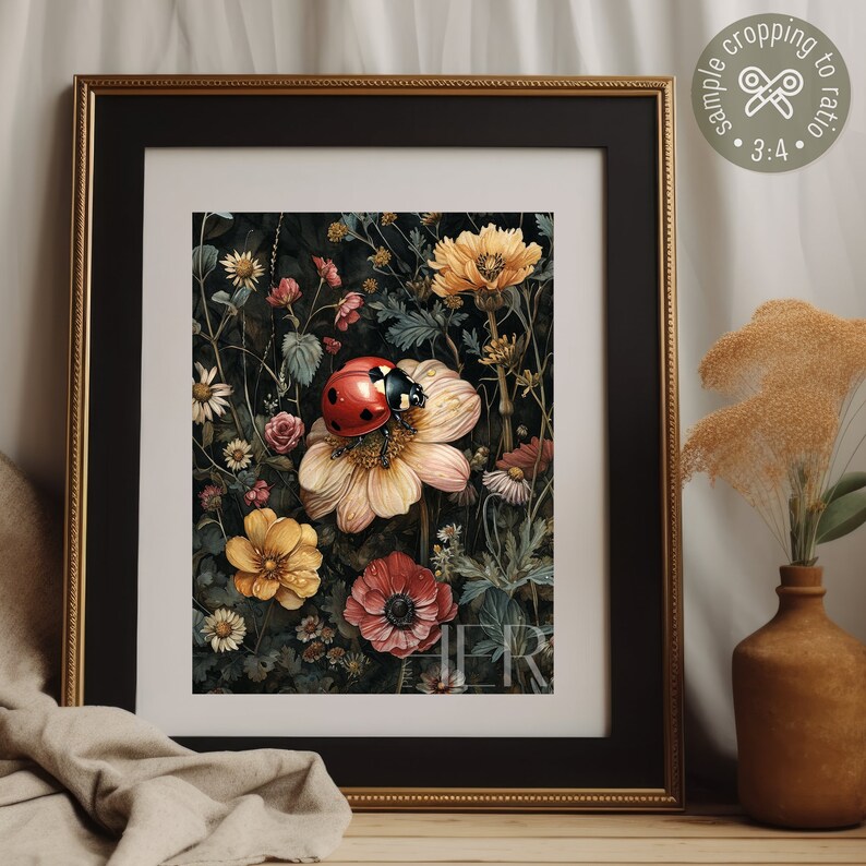 Ladybug Floral Print, Dark Cottagecore Botanical Art (digital Download ...