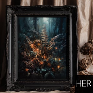 Lights and Fern in Magic Forest core Dark Cottagecore Academia Floral Botanical Moody Oil painting Printable digital download Wall Art Decor