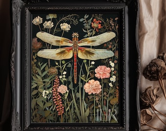 Dragonfly Floral Dark Academia Art Print: Gothic Cottagecore Decor (Digital Download)
