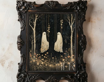 Ghosts on Swing Print: Dark Cottagecore Floral Wall Art (Digital Download)
