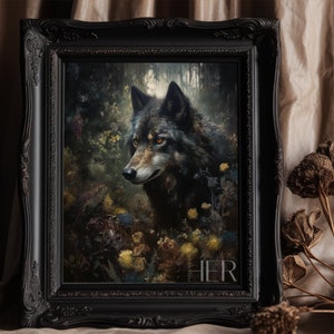 Black Wolf in Forest core Dark Cottagecore Academia Gothic Floral Botanical Wall Art Decor Moody Vintage Oil painting Printable Digital art