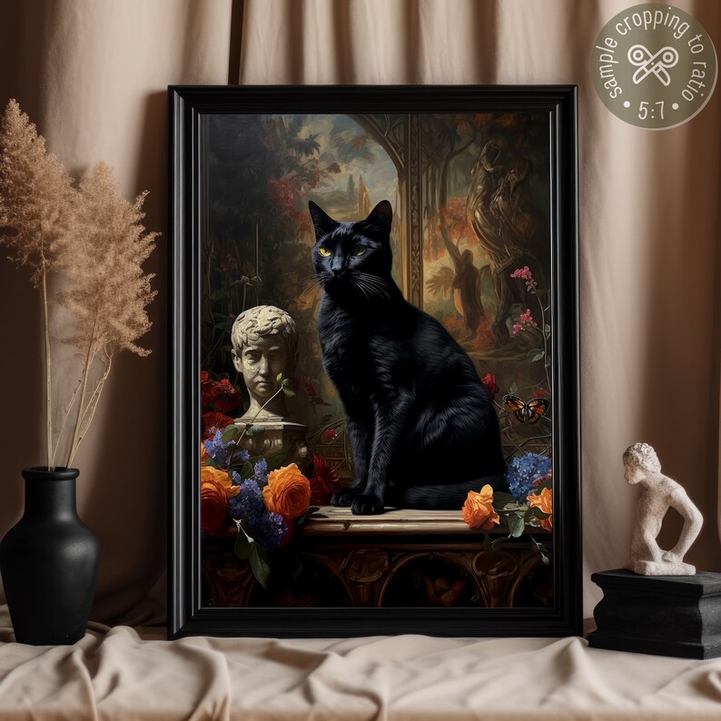 Gothic Black Cat in Victorian mansion Printable Wall Art Decor will indulge in dark academia aesthetic. Moody animal digital wall art of a black cat sitting next to a classical sculpture surrounded by moody flowers in an abandoned Victorian mansion