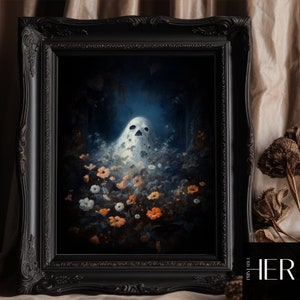 Spooky ghost in Forest - Dark Academia Halloween Decor Cottagecore Botanical Gothic Moody Wall Art Oil painting Printable digital download