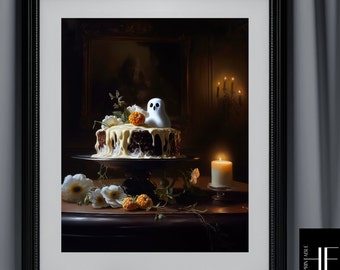Ghost and Cake Halloween Art: Dark Academia Oil Painting (Digital Download)