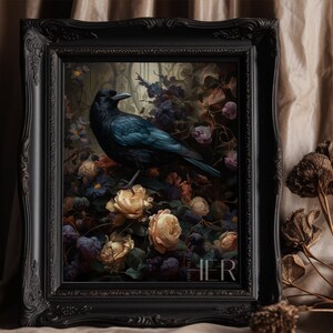 Crow and Roses Oil Painting: Dark Cottagecore Botanical Art (Digital Download)
