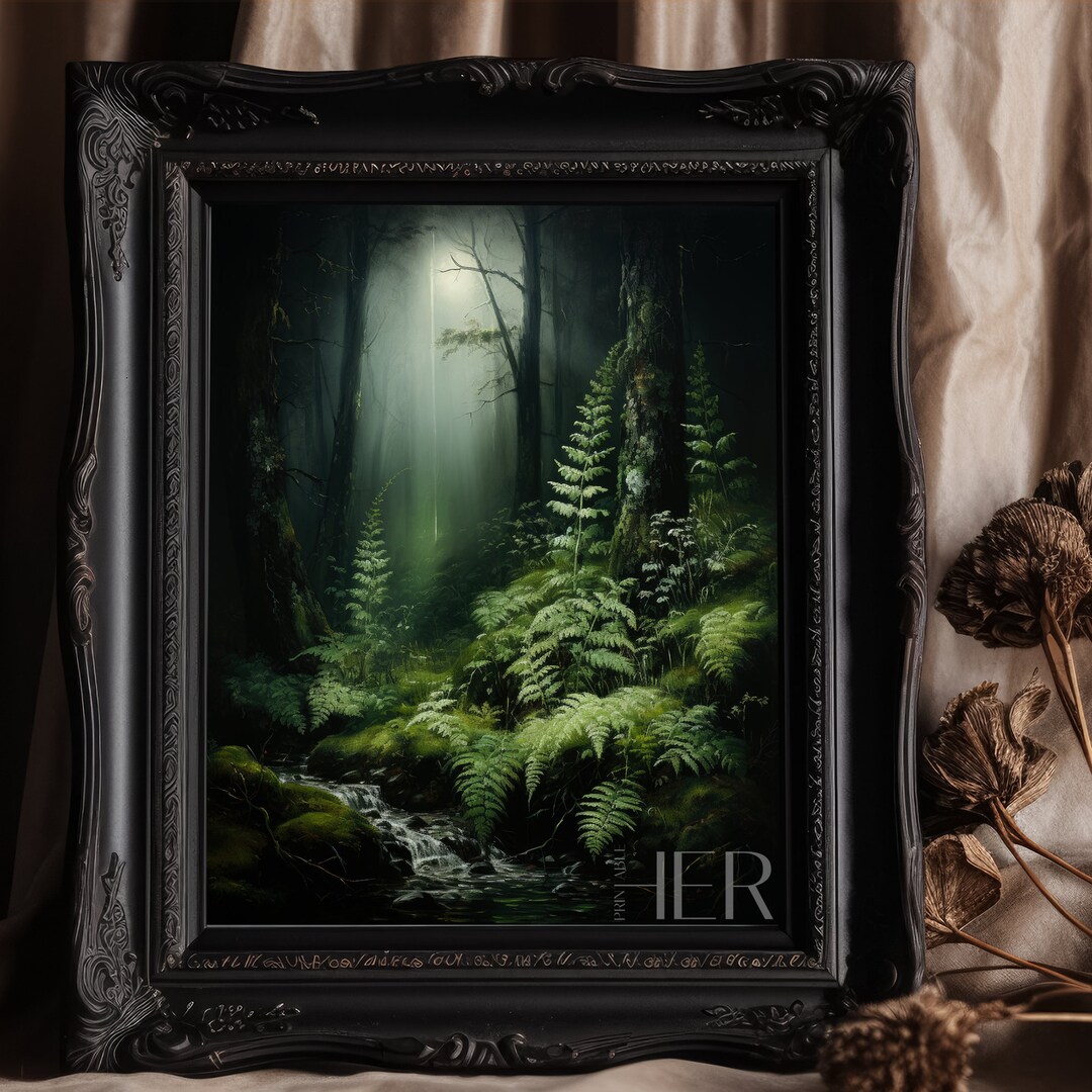 Foggy Forest Landscape Wall Art Decor Moss and Fern Moody Antique Oil ...