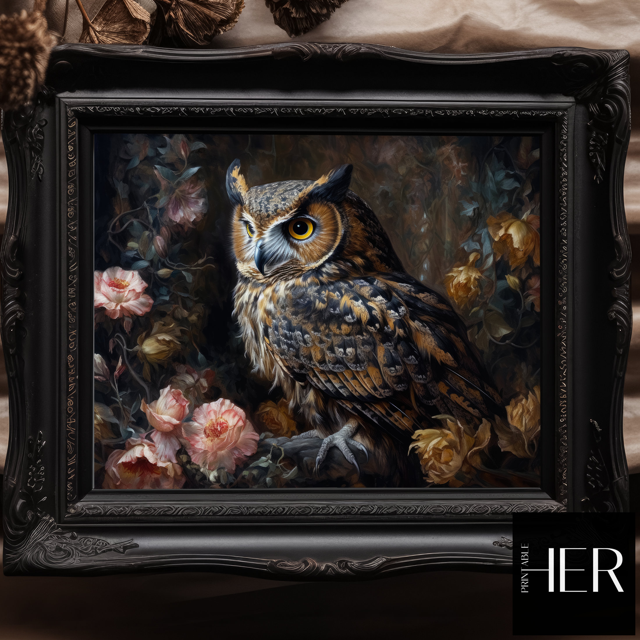 Owl and Pink Rose in Forest core Cottagecore Academia Gothic Floral Botanical Wild Animal Wall Art D