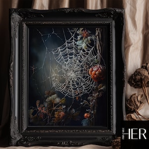 Spider web in Deep Forest core Dark Cottagecore Academia Botanical Floral Wall Art Decor Moody Retro Oil painting Printable digital Download