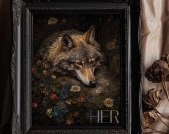 Wolf in Dark Forest Floral Oil Painting: Moody Academia Wall Art (Digital Download)