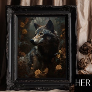 Wolf and Forest core Dark Cottagecore Academia Gothic Floral Wild animal Wall Art Decor Moody Vintage Botanical Oil painting Printable art