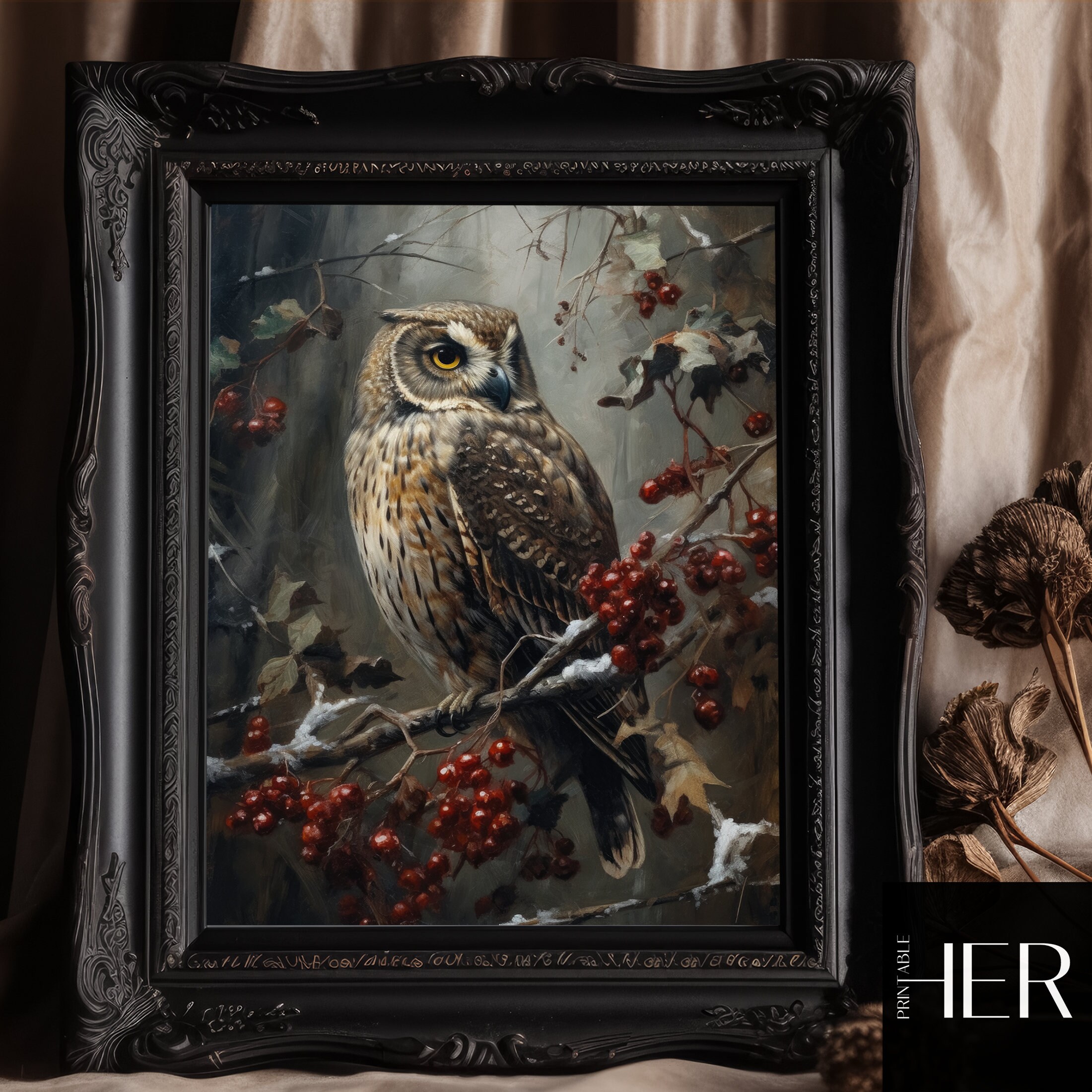 Owl in Winter Dark Forest Cottagecore Academia Gothic Floral Wild Animal Snowy Woodland Moody Wall A