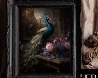 Peacock and flowers Victorian Mansion Dark Cottagecore Academia Wildlife Animal interior Vintage painting Moody Wall Art Decor Printable art