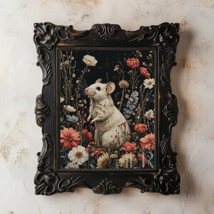 White mouse Flowers Meadow Dark Cottagecore Print Moody Botanical Decor Gothic Floral Wall Art Academia Animal Painting Art Digital download