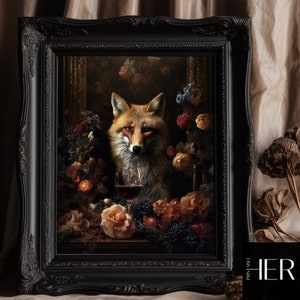 Fox and wine Victorian Mansion Dark Cottagecore Forest Academia Wildlife Vintage Antique Animal painting Moody Wall Art Decor Printable art